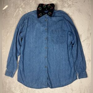 Vintage Karen Scott Denim Chambray Cotton Christmas Wreath Corduroy Top Medium